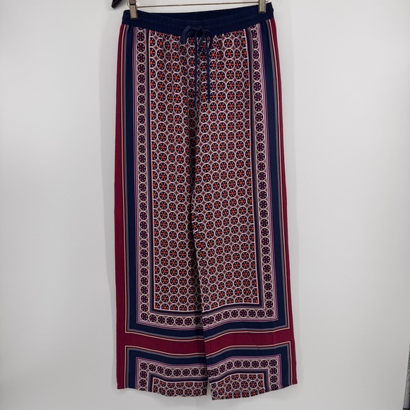 Trina Turk Pants - Trina Turk Womens Small Medallion Print Wide Leg Silk Trim Pants Navy Burgundy